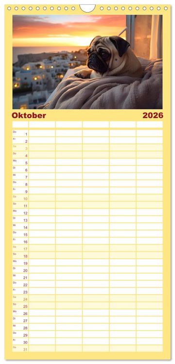 Produktbild: Familienplaner 2026 - Kleine Helden - eine Hommage an die Mopsrasse mit 5 Spalten (Wandkalender, 21 x 45 cm) CALVENDO