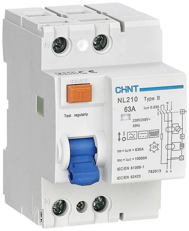 Produktbild: Chint 782013 NL210 1PN 63A 30mA B 10kA FI-Schutzschalter B/10 kA 1polig 63A 0.03A 240V