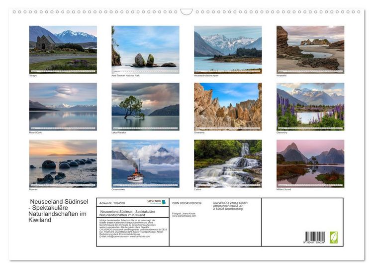 Produktbild: Neuseeland S&uuml;dinsel - Spektakul&auml;re Naturlandschaften im Kiwiland (Wandkalender 2026 DIN A2 quer), CALVENDO Monatskalender