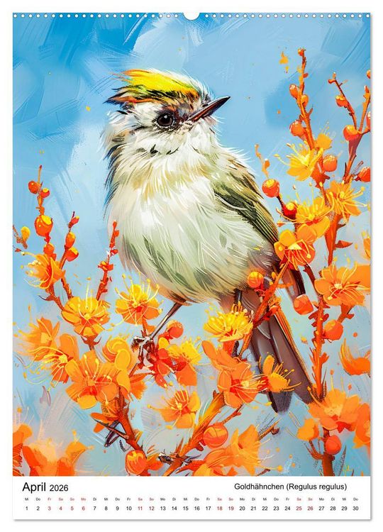 Produktbild: Heimische V&ouml;gel - Singv&ouml;gel zwischen Bl&uuml;ten und Beeren (Wandkalender 2026 DIN A2 hoch), CALVENDO Monatskalender