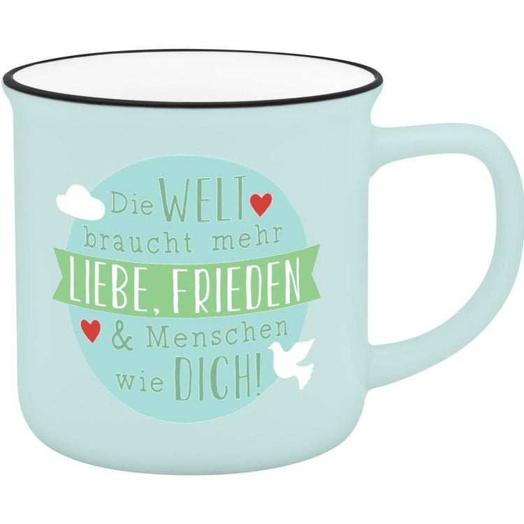 Produktbild: Becher in Emailloptik "Die Welt braucht mehr Liebe, Frieden & Menschen wie dich"
