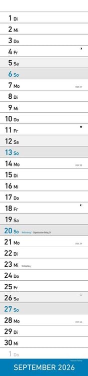 Produktbild: Streifenplaner XL BLAU 2026 - Streifenkalender 15x64 cm - Wandplaner - Küchenkalender - schmales Design - eine Spalte - Langplaner