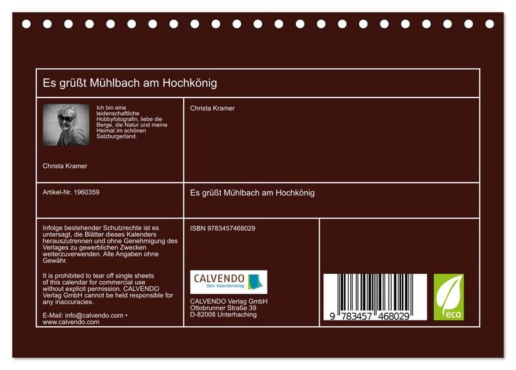 Produktbild: Es gr&uuml;&szlig;t M&uuml;hlbach am Hochk&ouml;nig (Tischkalender 2026 DIN A5 quer), CALVENDO Monatskalender