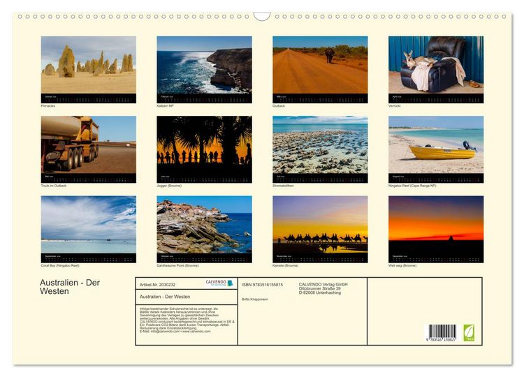 Produktbild: Australien - Der Westen (Wandkalender 2026 DIN A2 quer), CALVENDO Monatskalender