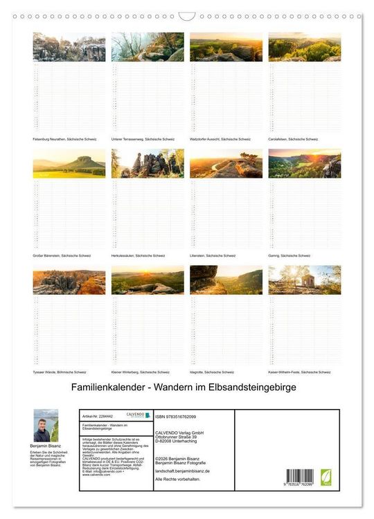 Produktbild: Familienkalender - Wandern im Elbsandsteingebirge (Wandkalender 2027 DIN A2 hoch), CALVENDO Monatskalender