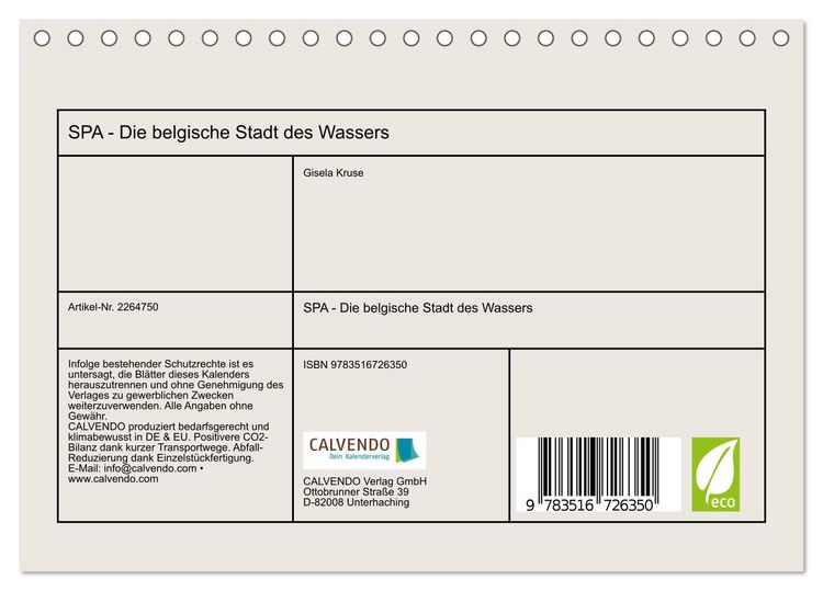 Produktbild: SPA - Die belgische Stadt des Wassers (Tischkalender 2026 DIN A5 quer), CALVENDO Monatskalender