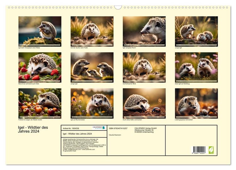 Produktbild: Igel - Wildtier des Jahres 2024 (Wandkalender 2026 DIN A2 quer), CALVENDO Monatskalender