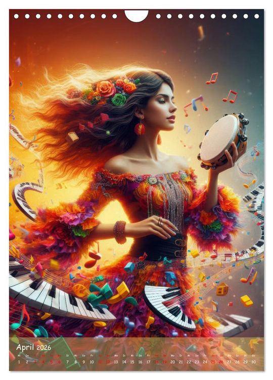 Produktbild: Musikalische Magie &ndash; Frauen in klangvollen Kleidern aus Noten und Farbe (Wandkalender 2026 DIN A4 hoch), CALVENDO Monatskalender