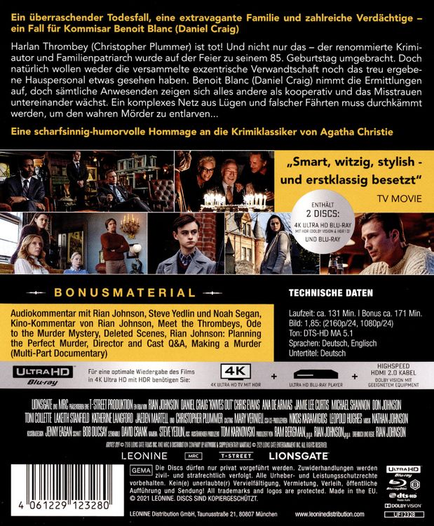 Produktbild: Knives Out - Mord ist Familiensache - Mediabook (4K Ultra HD+ Blu-ray 2D)