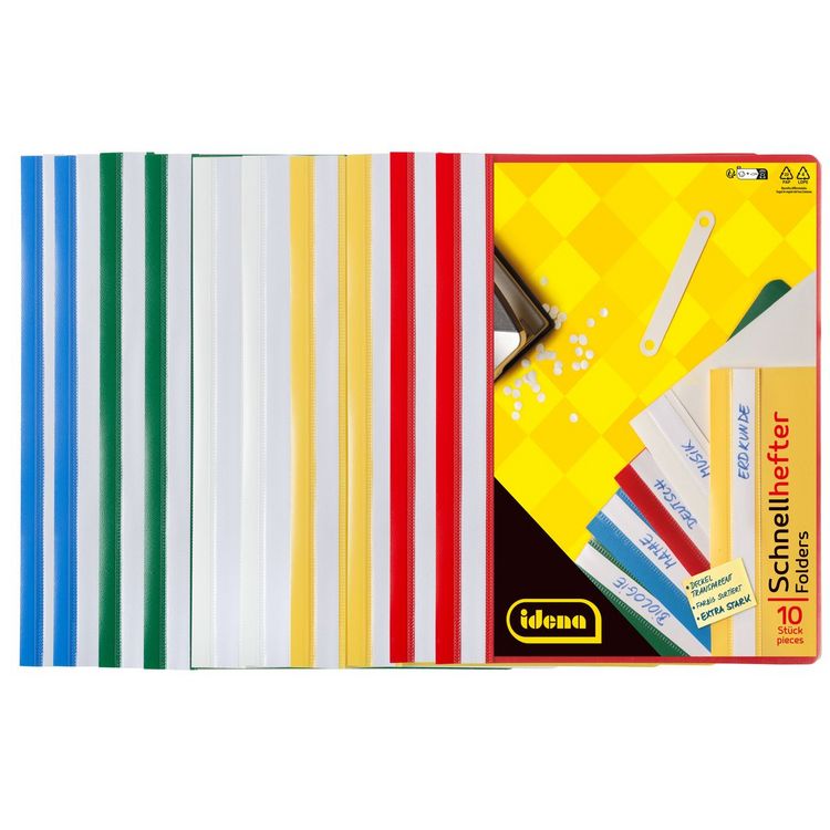 Produktbild: Idena Schnellhefter aus Kunststoff extra stark transparent 5 Farben DIN A4 10 Stück