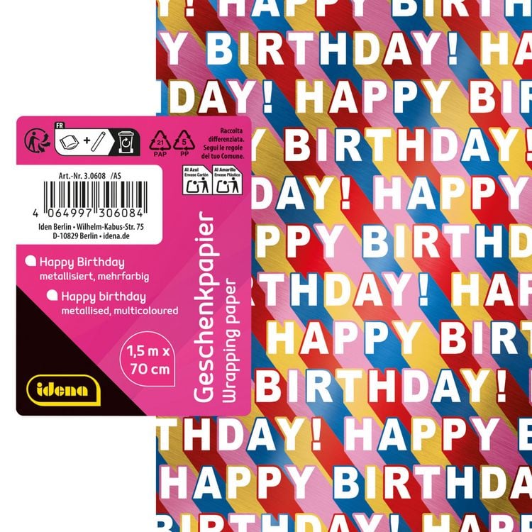 Produktbild: Idena Geschenkpapier Happy Birthday mehrfarbig metallisiert 70cmx150cm