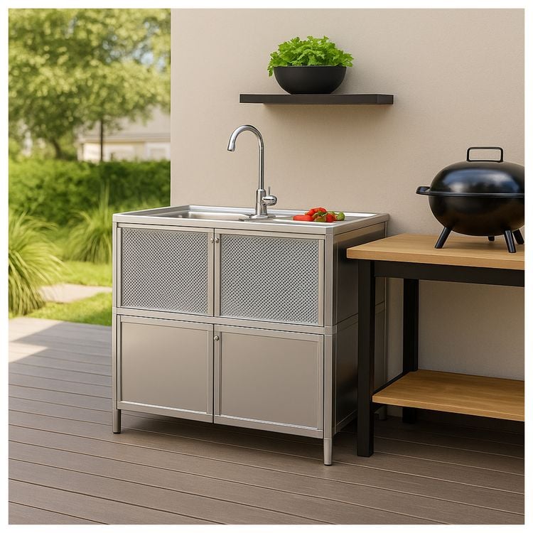 Produktbild: HTI-Living Sp&uuml;le mit Abtropfl&auml;che und Unterschrank f&uuml;r Outdoork&uuml;che Silber