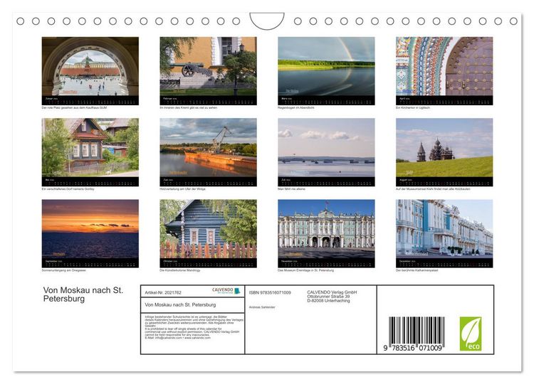 Produktbild: Von Moskau nach St. Petersburg (Wandkalender 2026 DIN A4 quer), CALVENDO Monatskalender