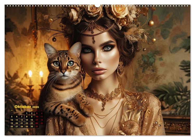 Produktbild: Luxuri&ouml;ser Bohemian Flair - Elegante Frauen mit anmutigen Katzen (hochwertiger Premium Wandkalender 2026 DIN A2 quer), Kunstdruck in Hochglanz