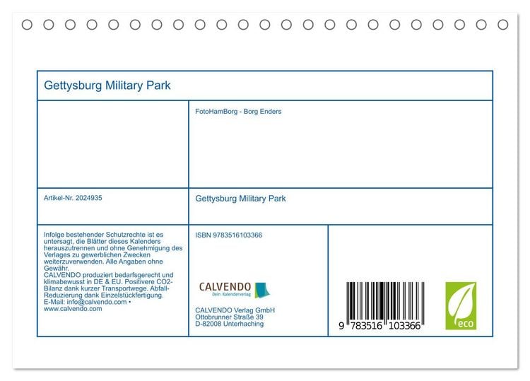Produktbild: Gettysburg Military Park (Tischkalender 2026 DIN A5 quer), CALVENDO Monatskalender