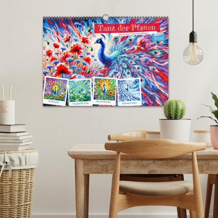 Produktbild: Tanz der Pfauen - Jahreszeiten in abstrakter Eleganz (Wandkalender 2026 DIN A3 quer), CALVENDO Monatskalender