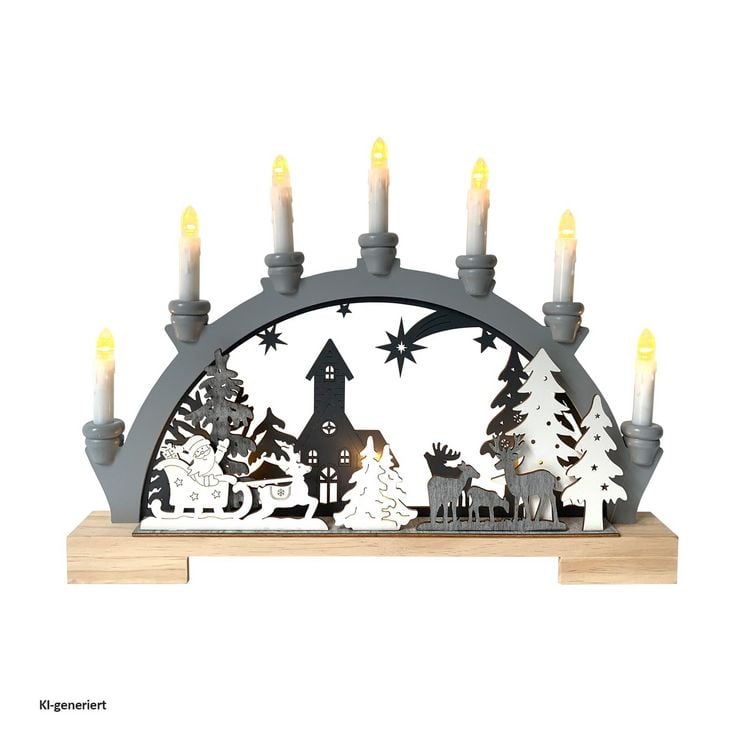 Produktbild: HTI-Living Moderner Schwibbogen LED Holz Grau mit Weihnachtsmotiv und 7 LED Kerzen