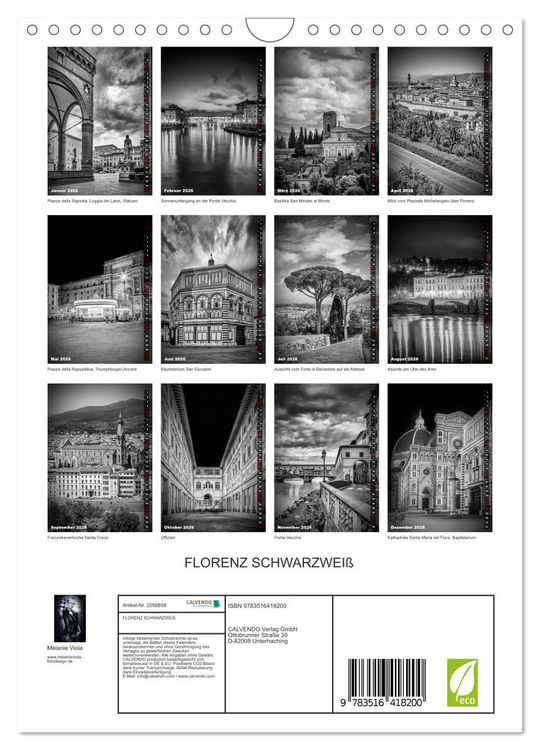 Produktbild: FLORENZ SCHWARZWEI&szlig; (Wandkalender 2026 DIN A4 hoch), CALVENDO Monatskalender