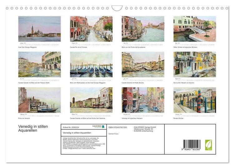 Produktbild: Venedig in stillen Aquarellen (Wandkalender 2026 DIN A3 quer), CALVENDO Monatskalender