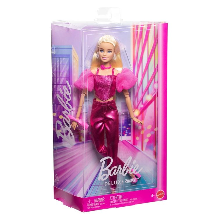 Produktbild: Barbie Deluxe Style-Modepuppe #5 in rosafarbenem Metallic-Outfit mit Korsett-Top und Accessoires, blond