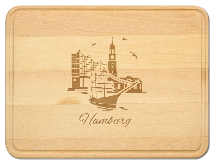 Produktbild: Buchenholz Schneidebrett 40x30cm, Motiv Hamburg