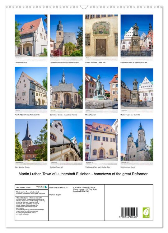 Produktbild: Martin Luther. Town of Lutherstadt Eisleben - hometown of the great Reformer (High Quality Premium Wall Calendar 2026 DIN A2 portrait),CALVENDO 12 Month Wall Calendar