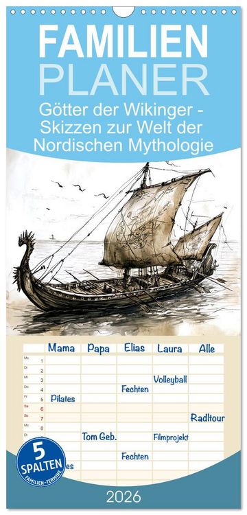 Produktbild: Familienplaner 2026 - G&ouml;tter der Wikinger - Skizzen zur Welt der Nordischen Mythologie mit 5 Spalten (Wandkalender, 21 x 45 cm) CALVENDO