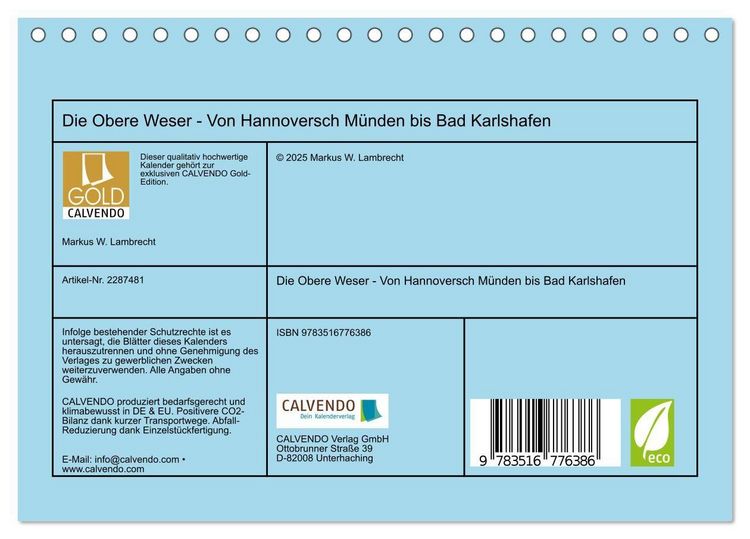 Produktbild: Die Obere Weser - Von Hannoversch M&uuml;nden bis Bad Karlshafen (Tischkalender 2027 DIN A5 quer), CALVENDO Monatskalender