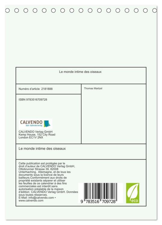 Produktbild: Le monde intime des oiseaux (Calendrier de bureau 2026 DIN A5 horizontal), CALVENDO calendrier mensuel