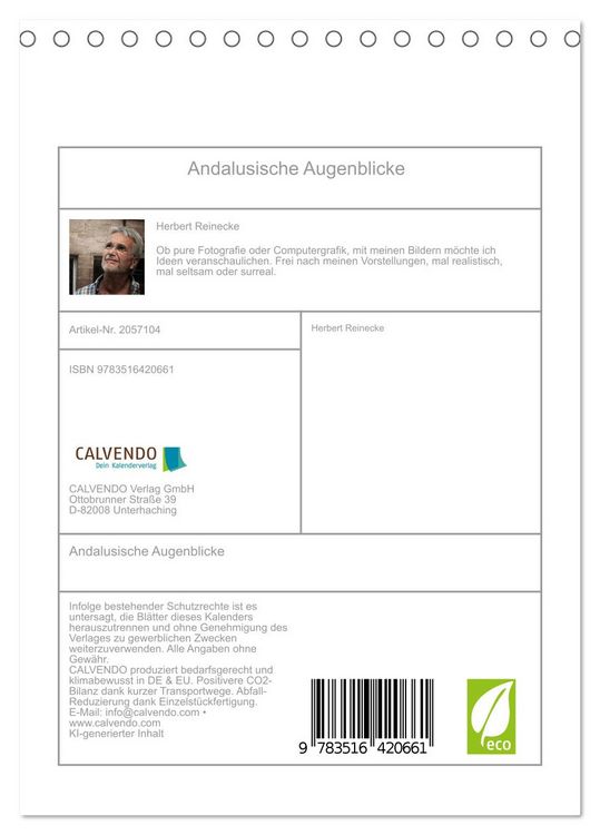 Produktbild: Andalusische Augenblicke (Tischkalender 2026 DIN A5 hoch), CALVENDO Monatskalender