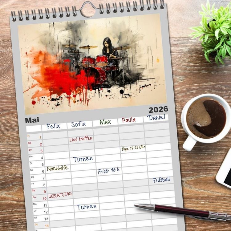 Produktbild: Familienplaner 2026 - Schlagzeug ewige Liebe live mit 5 Spalten (Wandkalender, 21 x 45 cm) CALVENDO