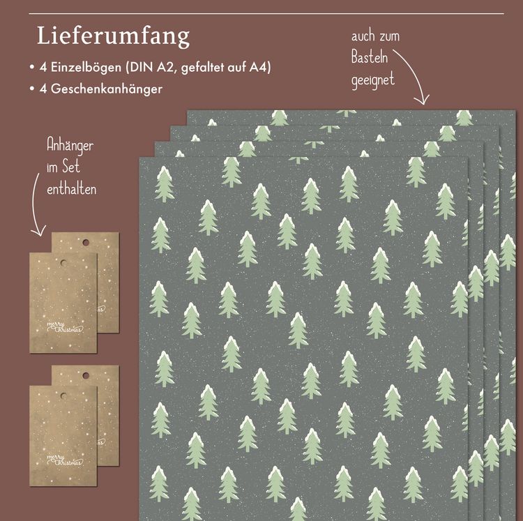 Produktbild: Geschenkpapier Set Weihnachten: Tannenbaum mit Schnee (gr&uuml;n, schwarz) f&uuml;r Kinder und Erwachsene