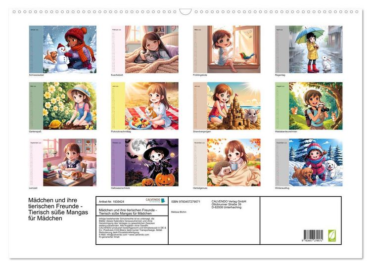 Produktbild: M&auml;dchen und ihre tierischen Freunde - Tierisch s&uuml;&szlig;e Mangas f&uuml;r M&auml;dchen (Wandkalender 2026 DIN A2 quer), CALVENDO Monatskalender