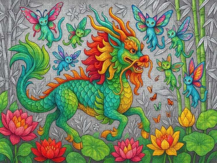 Produktbild: CALVENDO Puzzle Chinesischer Qilin und Libellenkatzen | 1000 Teile Lege-Gr&ouml;&szlig;e 64x48cm Foto-Puzzle f&uuml;r gl&uuml;ckliche Stunden