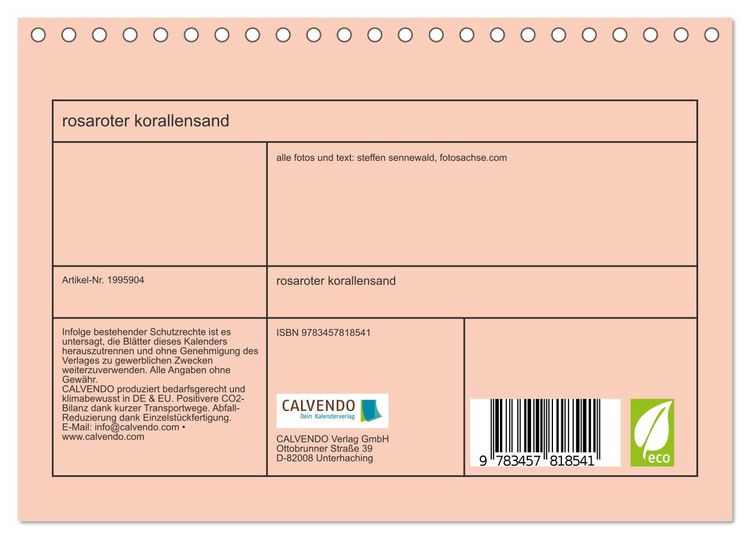 Produktbild: rosaroter korallensand (Tischkalender 2026 DIN A5 quer), CALVENDO Monatskalender