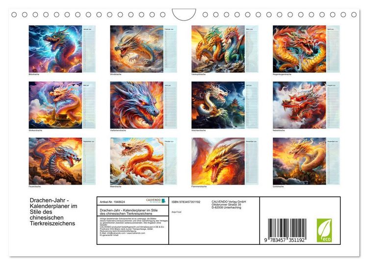 Produktbild: Drachen-Jahr - Kalenderplaner im Stile des chinesischen Tierkreiszeichens (Wandkalender 2026 DIN A4 quer), CALVENDO Monatskalender