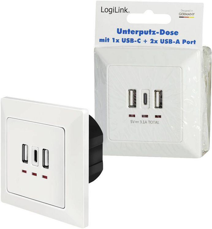 Produktbild: LogiLink PA0254 Unterputz-Dose mit USB-Ladeausgang Wei&szlig;