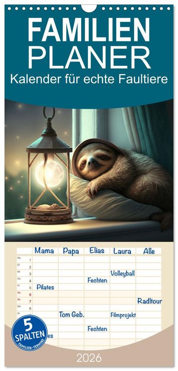 Produktbild: Familienplaner 2026 - Der Kalender f&uuml;r echte Faultiere mit 5 Spalten (Wandkalender, 21 x 45 cm) CALVENDO