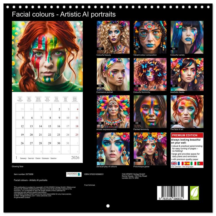 Produktbild: Facial colours - Artistic AI portraits (Wall Calendar 2026 12 &times; 12 Inch) CALVENDO 12 Month Wall Calendar
