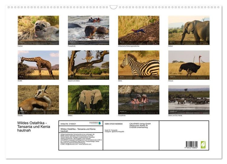 Produktbild: Wildes Ostafrika - Tansania und Kenia hautnah (Wandkalender 2026 DIN A2 quer), CALVENDO Monatskalender