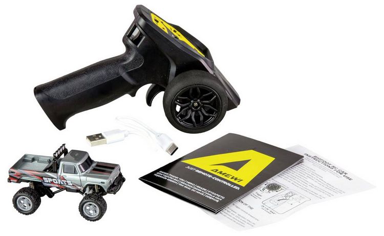 Produktbild: Amewi Grau Brushed 1:64 RC Modellauto Elektro Monstertruck Heckantrieb (2WD) RtR 2,4 GHz inkl. Akku und Ladekabel, mit Lichteffekt