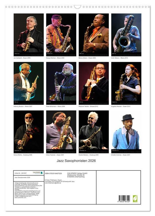 Produktbild: Jazz Saxophonisten 2026 (Wandkalender 2026 DIN A2 hoch), CALVENDO Monatskalender