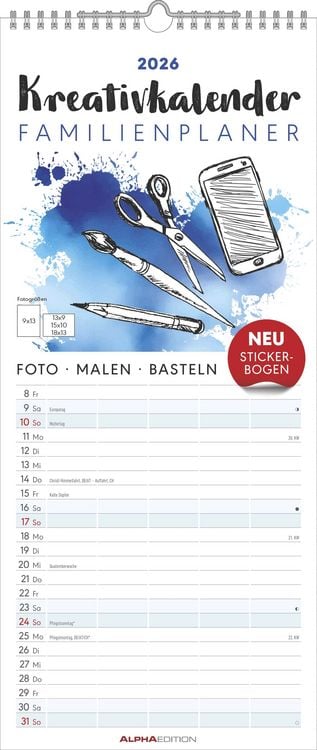 Produktbild: Kreativ-Kalender Familienplaner 2026 - 5 Spalten - 19,5x45 cmFoto, Malen, Basteln - datiert - Kreativkalender - Foto-Kalender - Familienkalender - Wan