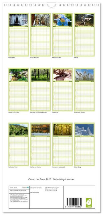 Produktbild: Familienplaner 2026 - Oasen der Ruhe 2026 / Geburtstagskalender mit 5 Spalten (Wandkalender, 21 x 45 cm) CALVENDO