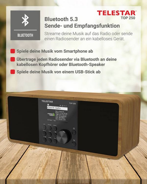 Produktbild: Telestar TOP 250 Holz Internet Kofferradio DAB+, Internet, UKW WLAN, USB, UKW, Internetradio, DAB+, Bluetooth&reg; Holz