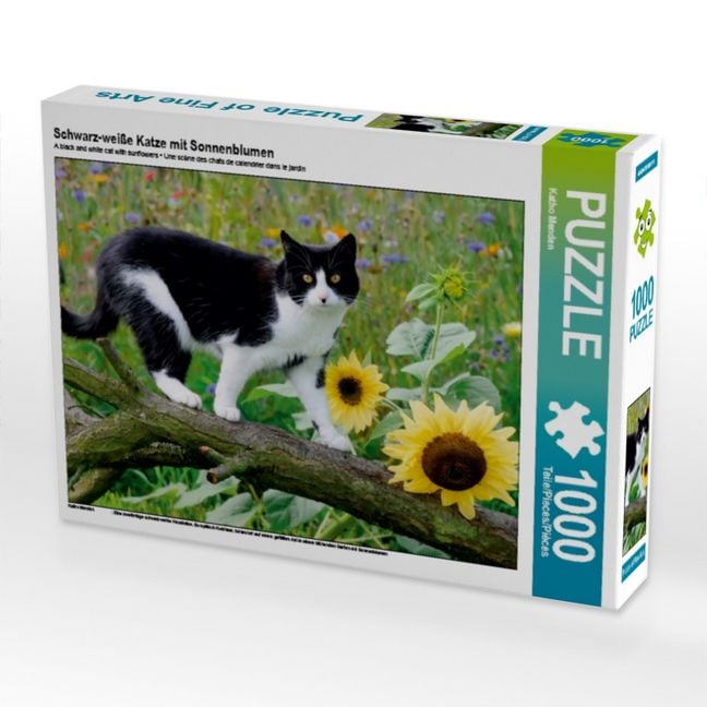 Produktbild: CALVENDO Puzzle Schwarz-wei&szlig;e Katze mit Sonnenblumen | 1000 Teile Lege-Gr&ouml;&szlig;e 64x48cm Foto-Puzzle f&uuml;r gl&uuml;ckliche Stunden