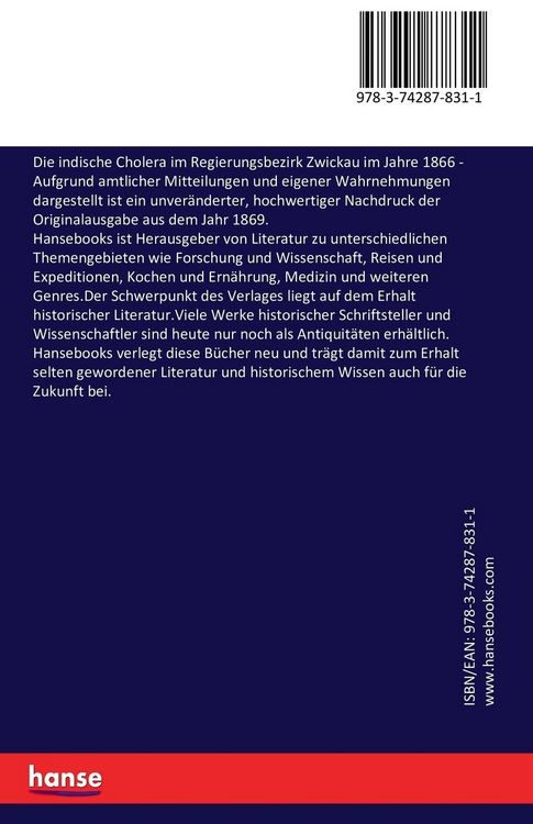 Produktbild: Die indische Cholera im Regierungsbezirk Zwickau im Jahre 1866