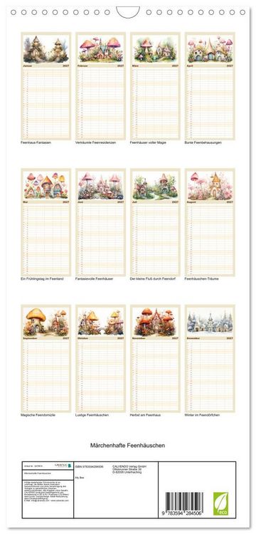 Produktbild: Familienplaner 2027 - M&auml;rchenhafte Feenh&auml;uschen mit 5 Spalten (Wandkalender, 21 x 45 cm) CALVENDO