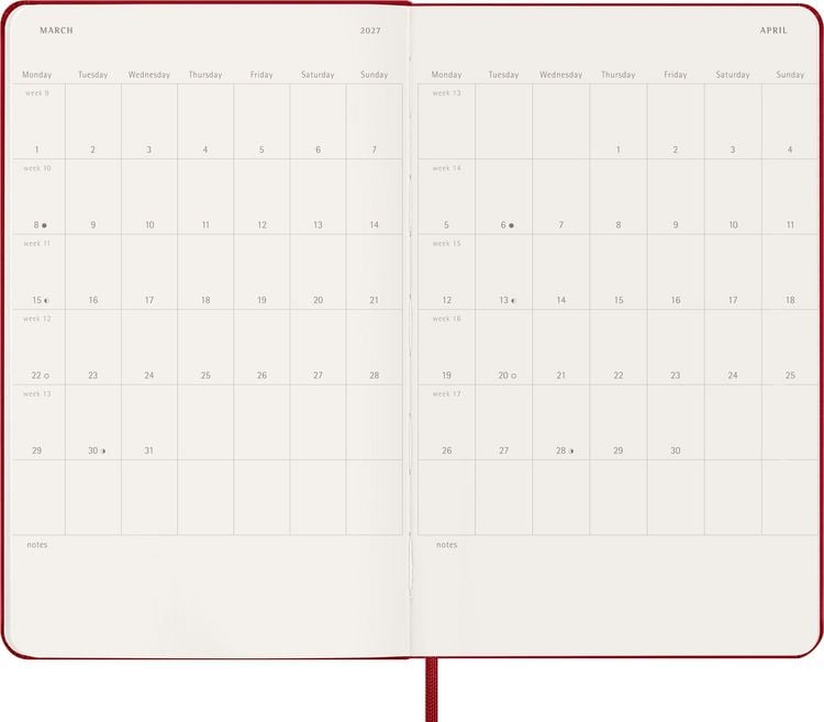 Produktbild: Moleskine 12 Monate Wochen Notizkalender 2027, Large/A5, 1 Wo = 1 Seite, rechts linierte Seite, Fester Einband, Scharlachrot
