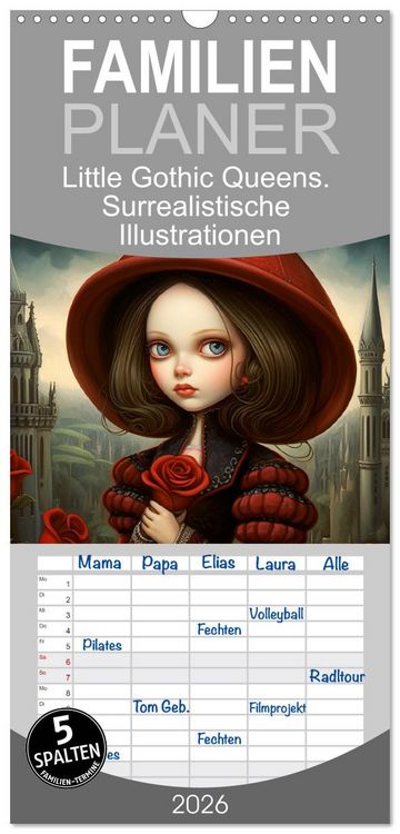 Produktbild: Familienplaner 2026 - Little Gothic Queens. Surrealistische Illustrationen mit 5 Spalten (Wandkalender, 21 x 45 cm) CALVENDO